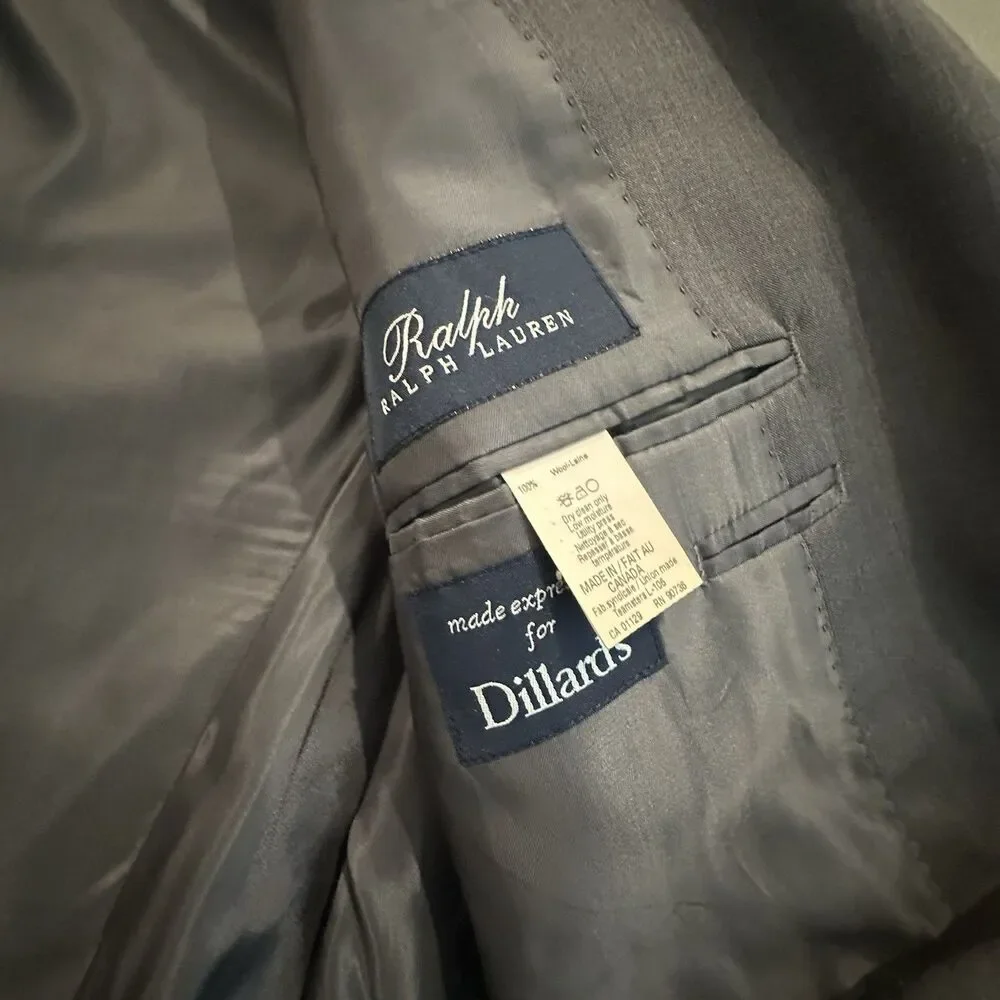 Ralph Lauren Suit Jacket Men's 48L 100% Wool 2 Piece Pleated Pants 37x30.5 Gray